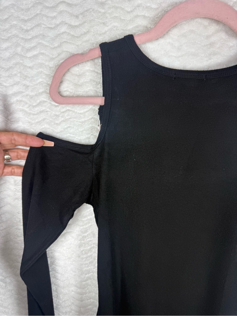 white birch Black Top with Buckle Strap Detail open shoulder long sleeve. So 🔥 - Picture 9 of 9